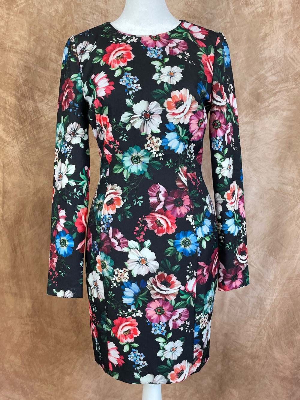 Black Halo Black Floral Long-Sleeve Sheath Dress size 2